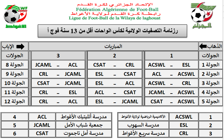 رزنامة مباريات أقل من 13 سنة